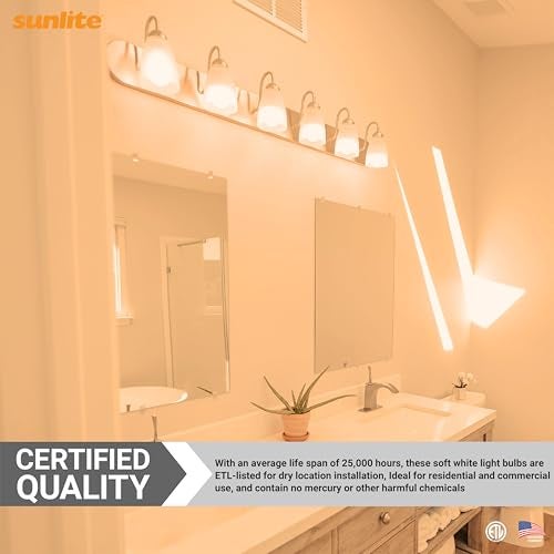 Sunlite مصباح LED Sunlite G16.5، 5 واط (ما يعادل 40 واط)، 350 لومن، قابل للتعتيم، شكل Globe نوع G قاعدة E12، مصابيح قصيرة، مصابيح مرآة تجميل، 2700K أبيض ناعم، مصابيح مصفحة، 6 قطع - Image 5