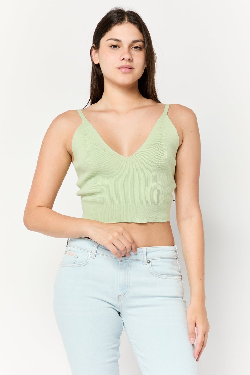 Scotch & Soda Women V-Neck Sleeveless Ribbed Top, Sage - Image 1