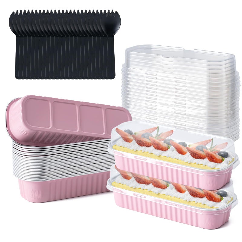 Husfunov 25 Pack Mini Cake Pans with Lids and Spoons, Small Aluminum Foil Loaf Pans, Rectangular Baking Containers for Party and Picnics, 6.8oz (Pink) - Image 1