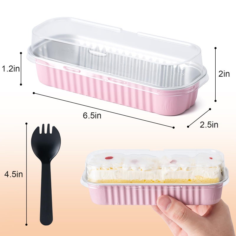 Husfunov 25 Pack Mini Cake Pans with Lids and Spoons, Small Aluminum Foil Loaf Pans, Rectangular Baking Containers for Party and Picnics, 6.8oz (Pink) - Image 2