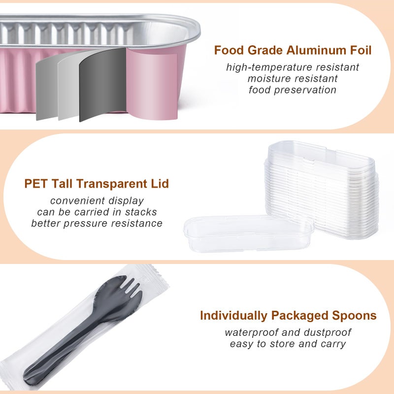 Husfunov 25 Pack Mini Cake Pans with Lids and Spoons, Small Aluminum Foil Loaf Pans, Rectangular Baking Containers for Party and Picnics, 6.8oz (Pink) - Image 3