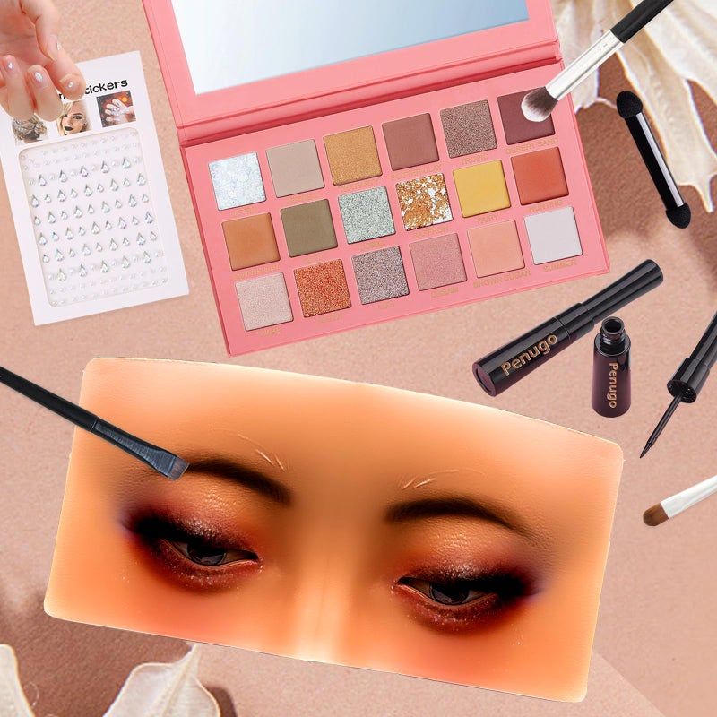 Penugo Silicone Mannequin Face for Makeup Practice Board with Makeup Brushes, Rhinestones Sticker (Wheat Colored) - Image 4