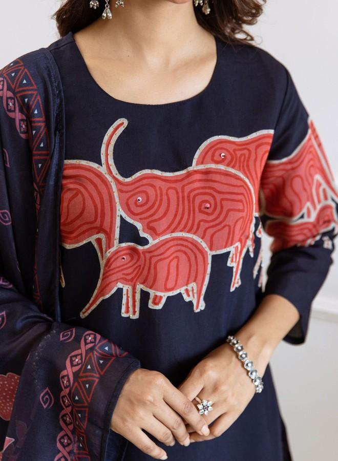 ISHIN Women'S Navy Blue Muslin Embroidered Tunic Full Length Palazzo Straight Fit Kurta Set - Image 2