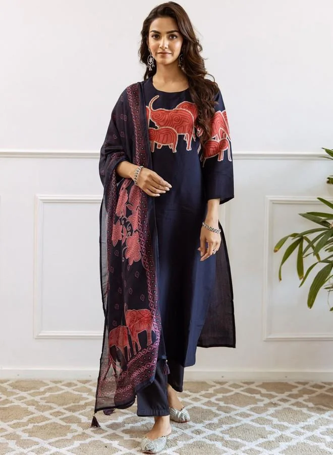 ISHIN Women'S Navy Blue Muslin Embroidered Tunic Full Length Palazzo Straight Fit Kurta Set