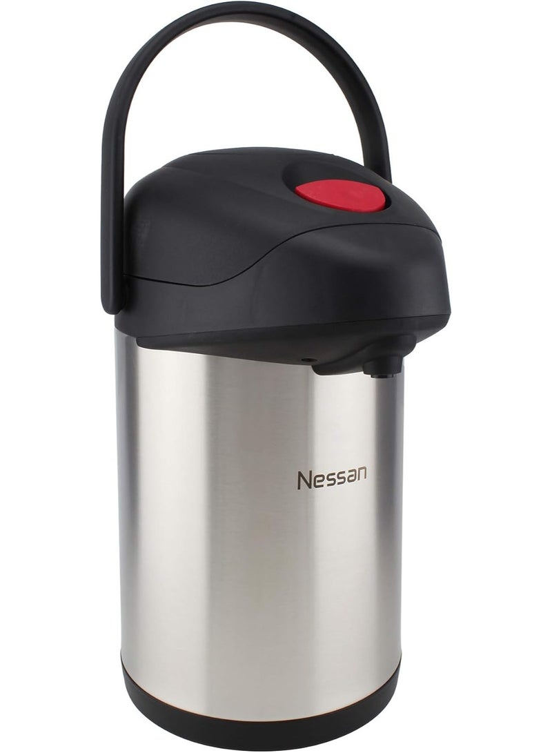 Nessan Insulated Pump Flask 350ml, Silver | Thermal Vacuum Flask for Hot & Cold Beverages - Image 1