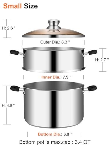 VENTION 79 Inch Small Vegetable Steamer for Cooking Stainless Steel Couscoussier 36 QT 2 Tier Induction Small Steam Pot for Broccoli 20cm Couscous Steamer Pan - Image 3