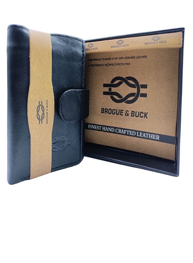 Brogue & Buck Genuine Leather RFID Wallet for Men – Black Tri-fold with Multiple Card Slots – Box Included - Image 1