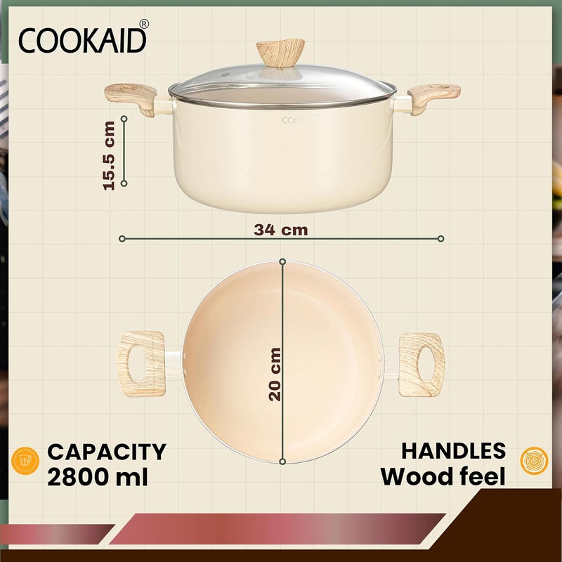 COOKAID Neo Glide Series Non Stick PTFE Casserole 20 cm with Glass Lid| Aluminium Body| Non Stick PTFE| Gas & Induction Compatible| ISI Certified | Cream - Image 2