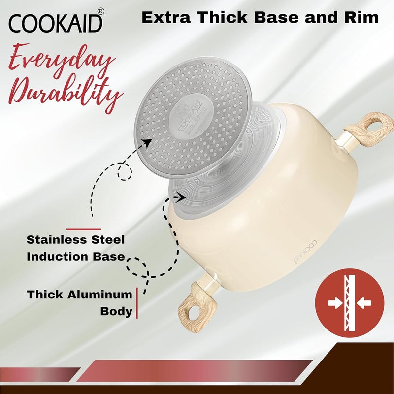 COOKAID Neo Glide Series Non Stick PTFE Casserole 20 cm with Glass Lid| Aluminium Body| Non Stick PTFE| Gas & Induction Compatible| ISI Certified | Cream - Image 3