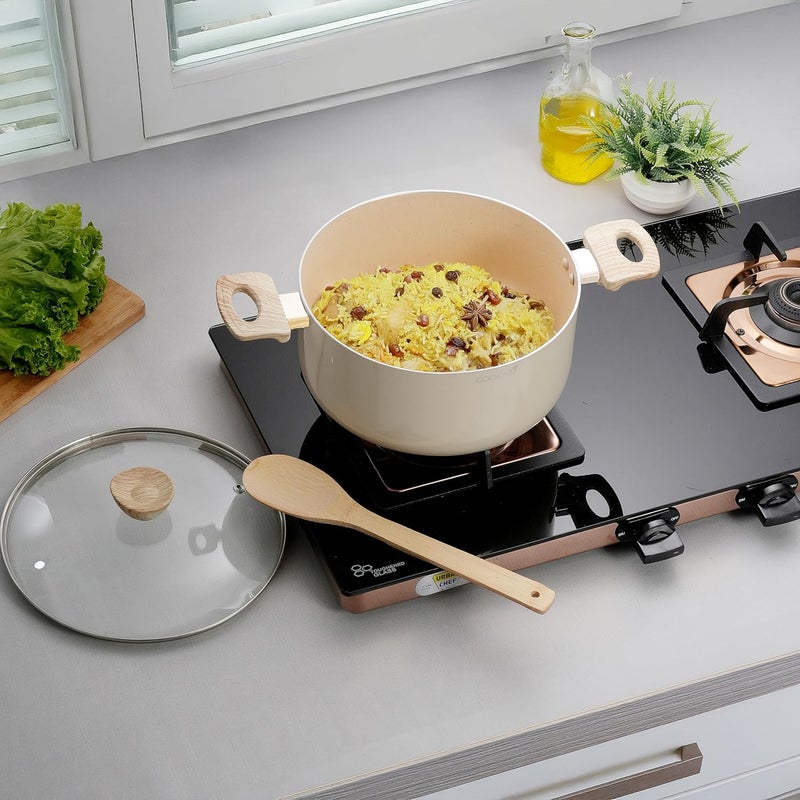 COOKAID Neo Glide Series Non Stick PTFE Casserole 20 cm with Glass Lid| Aluminium Body| Non Stick PTFE| Gas & Induction Compatible| ISI Certified | Cream - Image 1