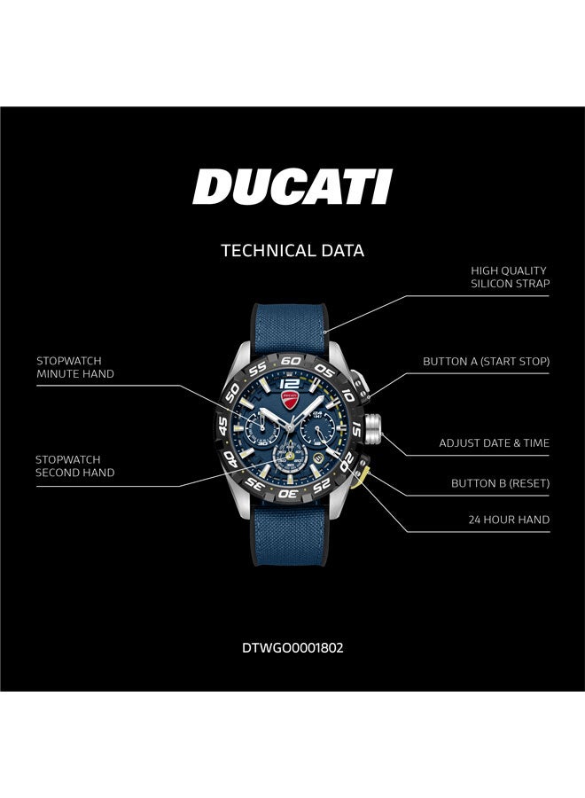 دوكاتي ساعة كرونوغراف للرجال بقرص أزرق وسوار سيليكون ونايلون أسود -  مم - Image 5