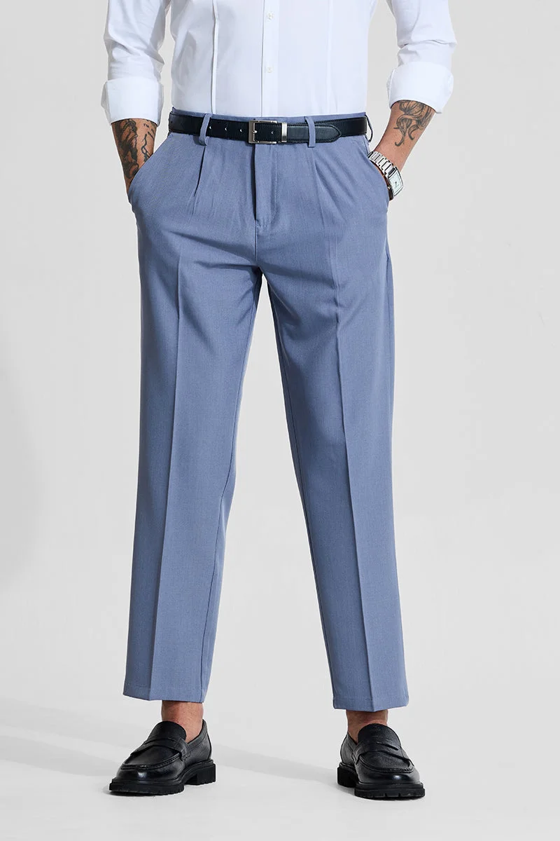 SNITCH Light Blue Solid Regular Fit Trousers