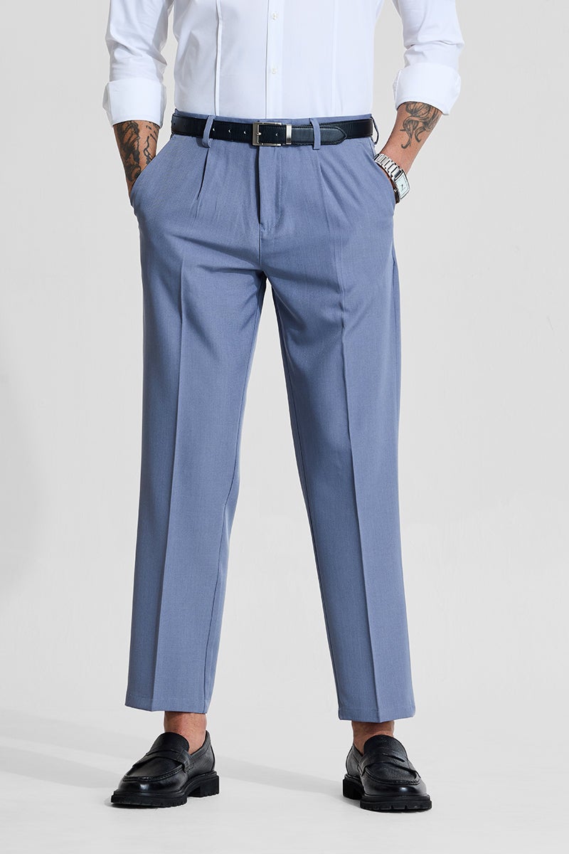 SNITCH Light Blue Solid Regular Fit Trousers - Image 1