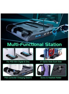 KJH Compatible with PS5 Slim Cooling Stand with Controller Charging Station (Black)  - Image 3