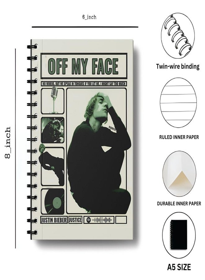 zenithink Justin Bieber Singer Wiro Journal Notebook | 80 gsm Paper With 350GSM Hard Cover | Single Ruled | Pages - 160 | Count - 1 | A5 Size | Wiro Binding | Versatile for School, Home & Office | - Image 5