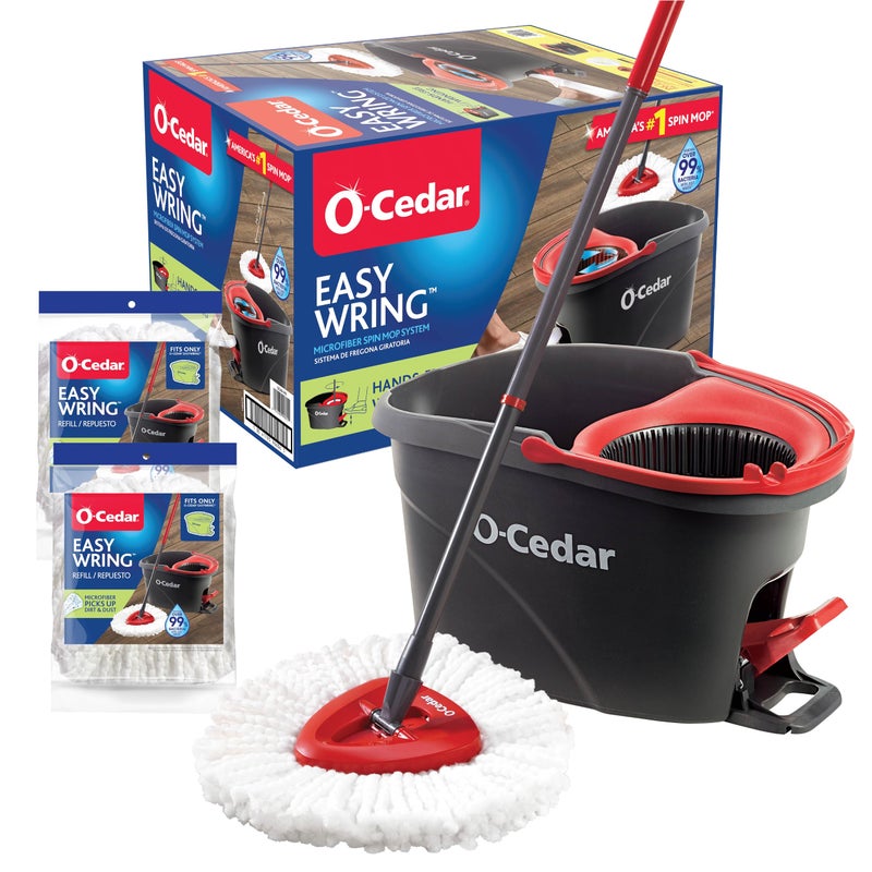 o cedar O-Cedar EasyWring Microfiber Spin Mop & Bucket Floor Cleaning System + 2 Extra Refills, Red/Gray - Image 1