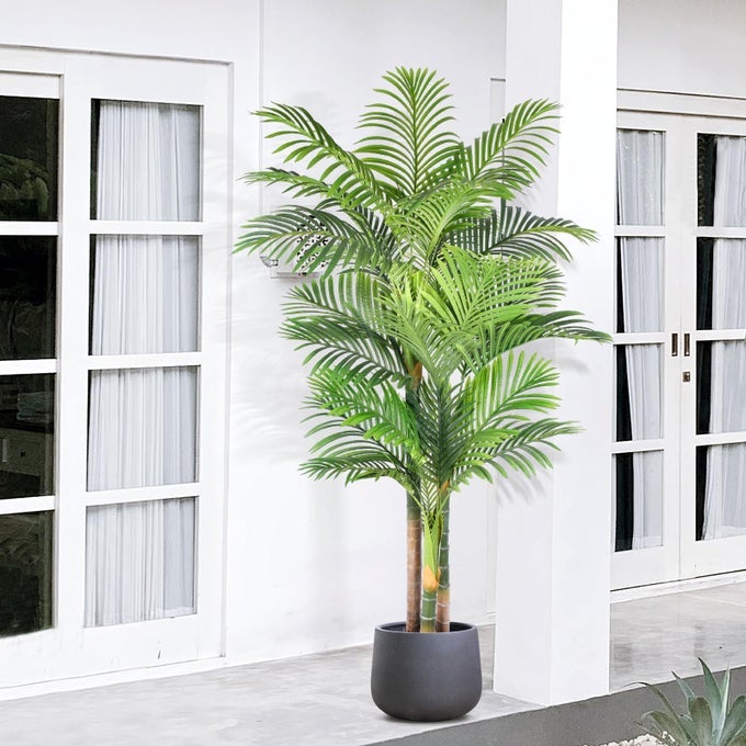 6FT TALL TRIPLE GOLDEN CANE PALM ARTIFICIAL TREE LARGE TROPICAL PALM TREE UV RESISTANT FAKE PLANT IN POT FOR INDOOR OUTDOOR BIG HOUSE LIVING ROOM OUTSIDE PATIO OFFICE HOME DECOR 1PACK