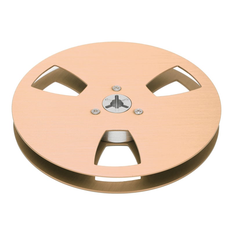 Empty Tape Reel: 5 Inch 1/4In Golden Aviation Aluminum With 3 Hole Wind Resistance Design - Stainless Steel Screws For Corrosion Resistance Takeup Reel For Reel To Reel Tape Players, Open Reel Decks - Image 1