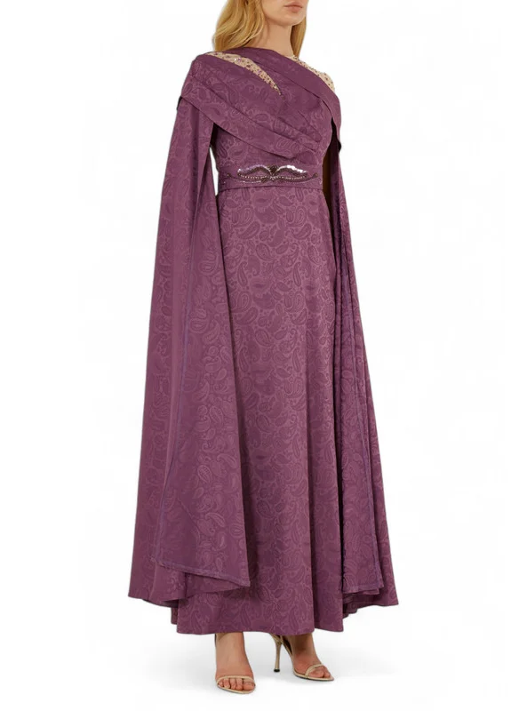 امري Beautiful Asymmetrical Pattered Long Dress With Embroidery Details And Long Cape Sleeves