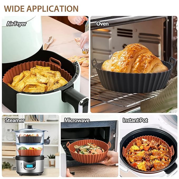ARYAVART Air Fryer Liners I Round Silicone Basket Baking Tray I Pot with Ear Handles I Nonstick Reusable Heat Resistant I Cooking Oven Insert Accessories Multicolor 8 inch Pack of 2 - Image 3