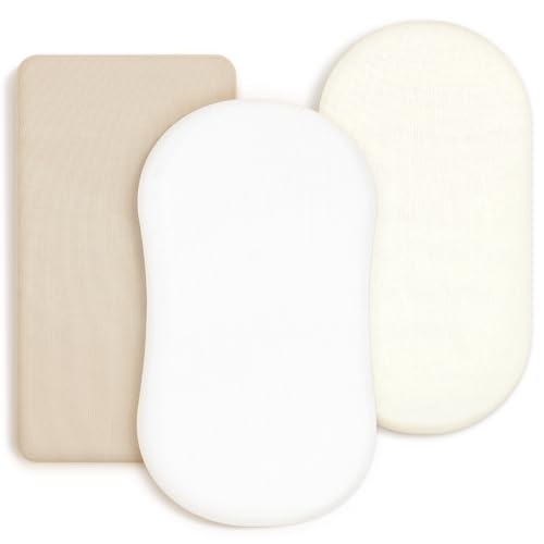 GRSSDER Stretchy Ultra Soft Fitted Bassinet Sheet 3 Pack, Universal Fit for Bassinets Baby Cradle Moses Basket Oval Rectangle Mattress Safe and Snug, Jersey Bassinet Sheets for Girls, Cream/Beige - Image 1