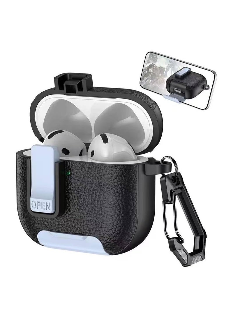 AirPods 4 Case with Phone Stand, Secure Lock Design Silicone Protection with Leather Texture for Airpod 4 (Black Light BLUE)  - Image 1