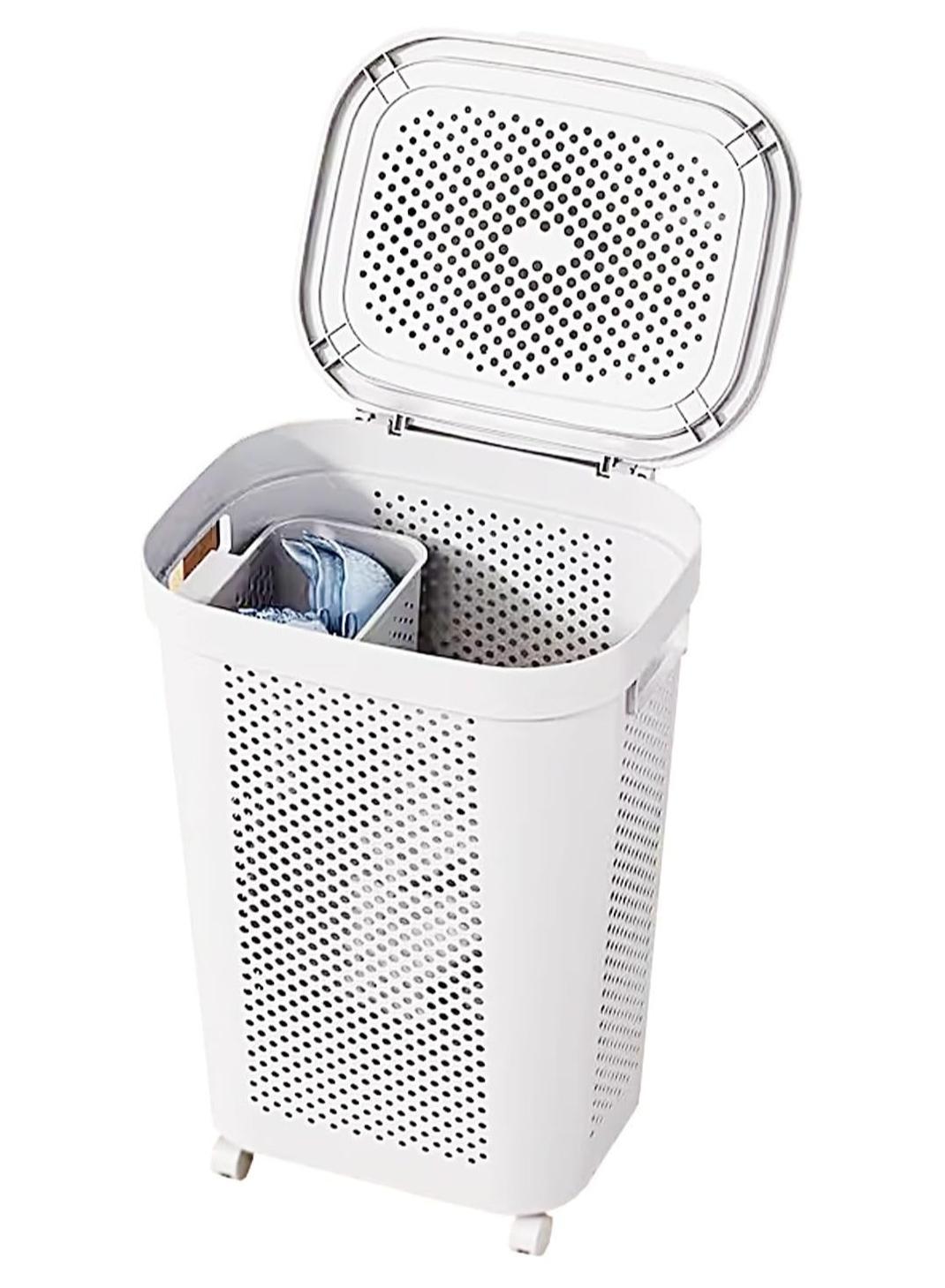 Large Plastic Laundry Basket with Wheels & Lid – Rolling Clothes Hamper for Bedroom, Laundry Room & Dorm – Space-Saving Dirty Clothes Storage (White)