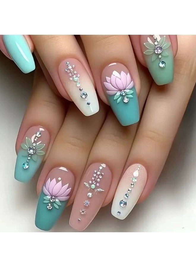 Goolsky Premium Green Gradient Lotus Long Press-on Nails with Crystals for Elegant Freshness - Image 1