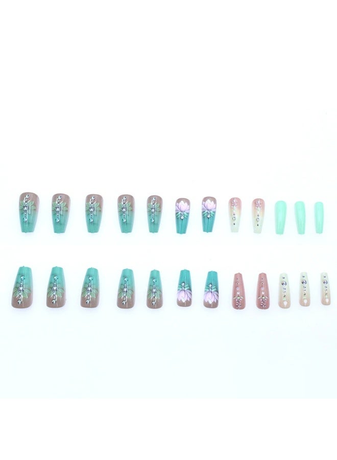Goolsky Premium Green Gradient Lotus Long Press-on Nails with Crystals for Elegant Freshness - Image 3