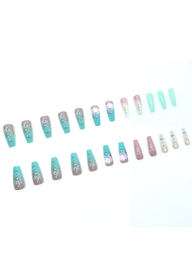 Goolsky Premium Green Gradient Lotus Long Press-on Nails with Crystals for Elegant Freshness - Image 2
