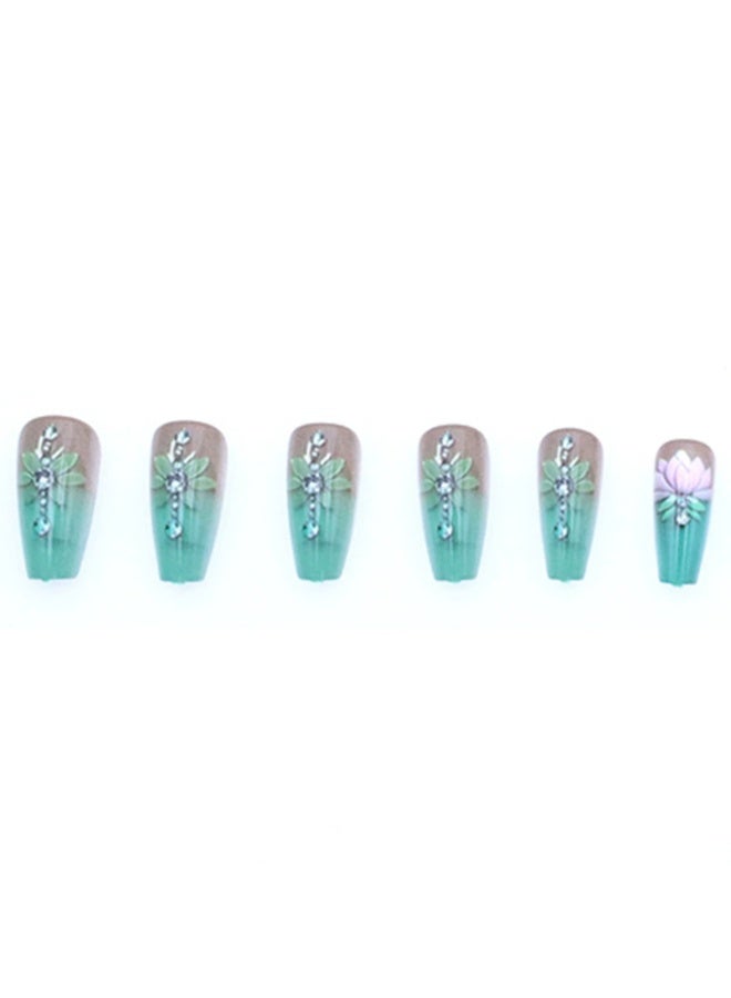 Goolsky Premium Green Gradient Lotus Long Press-on Nails with Crystals for Elegant Freshness - Image 4