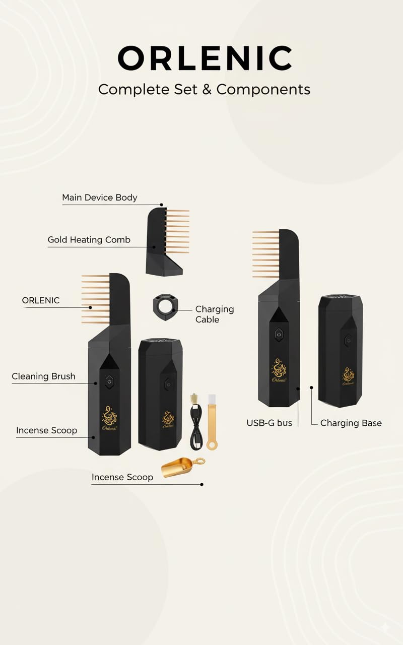أورلينيك مبخرة بخور كهربائية قابلة لإعادة الشحن عبر USB من أورلينك مع مشط، تصميم معدني فاخر محمول، موزع للعلاج بالروائح العطرية للمنزل والسفر والمكتب والسيارة وعطر الشعر - أسود - Image 4