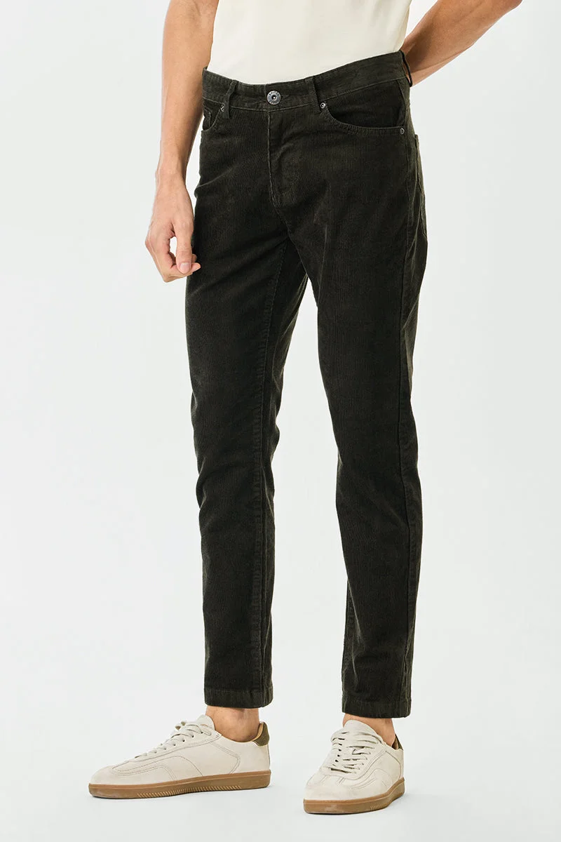 Snitch Olive Regular Fit Stretch Corduroy Trousers for Men | Best Price UAE