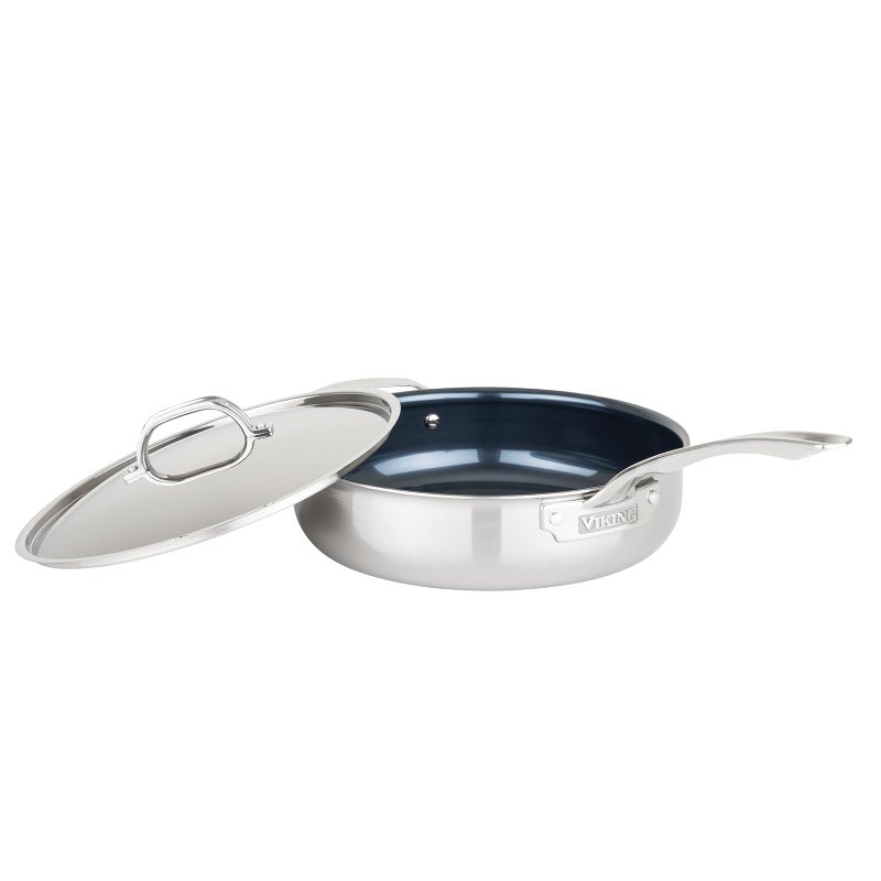 مقلاة فايكنغ 4 طبقات عميقة مع غطاء سعة 45 كوارت من التيتانيوم بتقنية الليزر للأداء Ti وعاء طهي سوتيه آمن في غسالة الصحون والفرن جاهز للاستخدام على الحث الكهربائي أزرق فضي