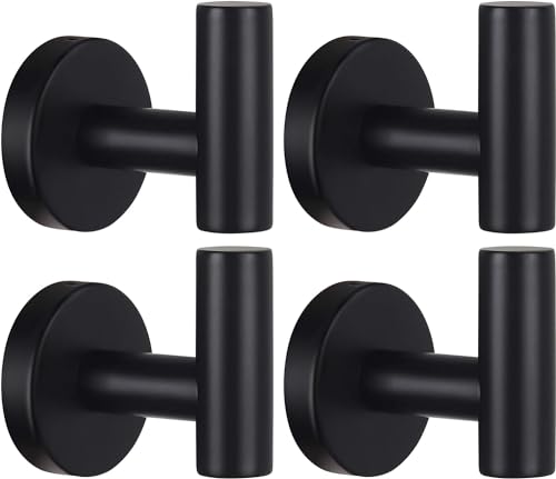 Kruodop Towel Hooks for Bathroom,4 Packs Wall Mount Towel Holder,Black Matte Wall Robe Hook,Stainless Steel Heavy Duty Door Hanger Towel Hook for Kitchen, Bedroom,Hotel,Pool,Coats - Black - Image 1