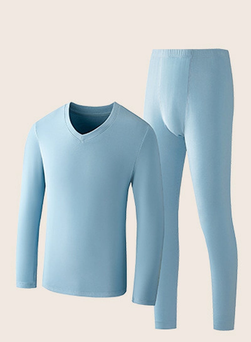 إسكدنيا Mens Solid Color Skin Friendly Thick Long Johns Fleese And V-Neck Thermal Underwear Set, 2 Piece Cold Weather Base Layer Set for Men Blue 