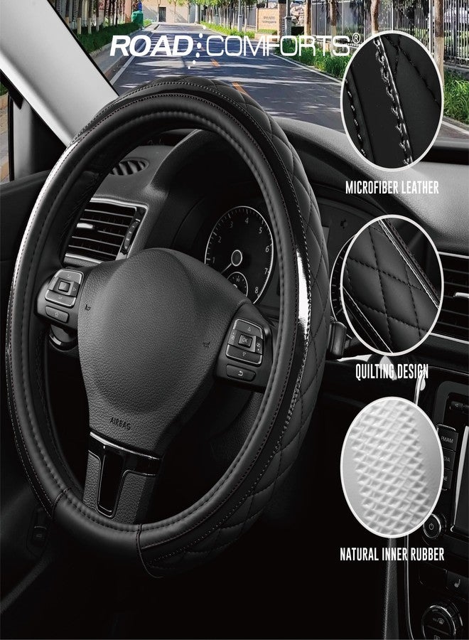Road Comforts Leather Steering Wheel Cover - Black & Black, Universal Fit 14.5-15 Inch, Microfiber Leather, Anti-Slip & Breathable Design for Men and Women - Image 4