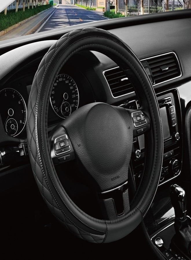 Road Comforts Leather Steering Wheel Cover - Black & Black, Universal Fit 14.5-15 Inch, Microfiber Leather, Anti-Slip & Breathable Design for Men and Women - Image 1