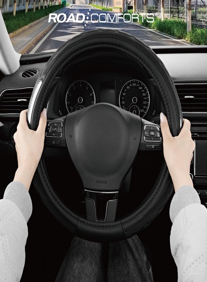 Road Comforts Leather Steering Wheel Cover - Black & Black, Universal Fit 14.5-15 Inch, Microfiber Leather, Anti-Slip & Breathable Design for Men and Women - Image 5