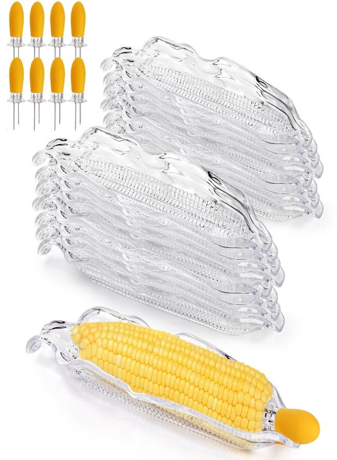Eorbow 18 Pcs Corn Dish Set, Clear Plastic Corn Tray with 8 Corn Cob Holders, Transparent Corn on The Cob Dinnerware Set, Barbecue Service Tray with Stainless Steel Skewer Needle for Sweet Butter Corn - Image 1