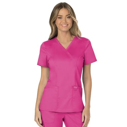 Cherokee Scrubs Top for Women Mock Wrap with 3 Pockets, Soft, 2-Way Stretch & Durable Fabric - WW610, L, Electric Pink - Image 1