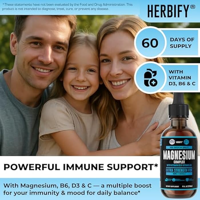 HERBIFY Magnesium Complex Drops - Magnesium Citrate Liquid Complex with Vitamin D Vitamin B6 Vitamin C - Potassium Supplement for Muscle, Mood, Heart & Nerve Support - Made in USA - 4 Oz - Image 3