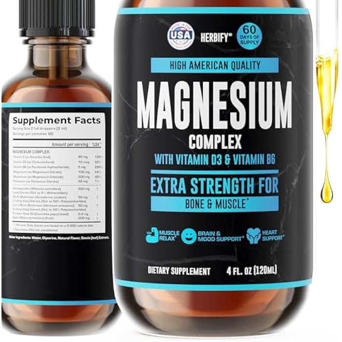 HERBIFY Magnesium Complex Drops - Magnesium Citrate Liquid Complex with Vitamin D Vitamin B6 Vitamin C - Potassium Supplement for Muscle, Mood, Heart & Nerve Support - Made in USA - 4 Oz - Image 1