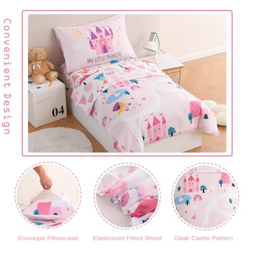 PERFEMET 4 Pieces Girls Toddler Bedding Set Pink Castle Fairy Tales Toddler Comforter Set Reversible Colorful Rainbow Princess Printed Toddler Bed Set with Sheets(Pink, Castle) - Image 5