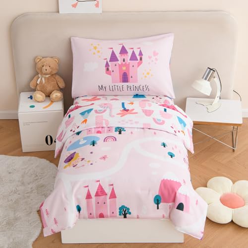 PERFEMET 4 Pieces Girls Toddler Bedding Set Pink Castle Fairy Tales Toddler Comforter Set Reversible Colorful Rainbow Princess Printed Toddler Bed Set with Sheets(Pink, Castle) - Image 1