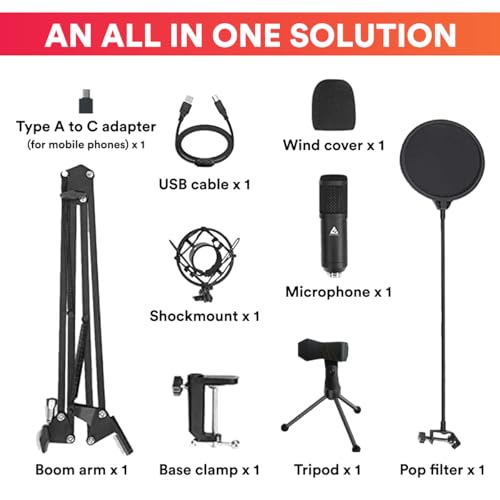 Audio Array AM-C1 USB Condenser Microphone Kit | for Podcasting, Online Meeting, Gaming, Singing & Live Streaming | Boom Arm, Pop Filter, Mic Cover, Spider Shock Mount, Tripod & 2.5M USB Cable - Image 2
