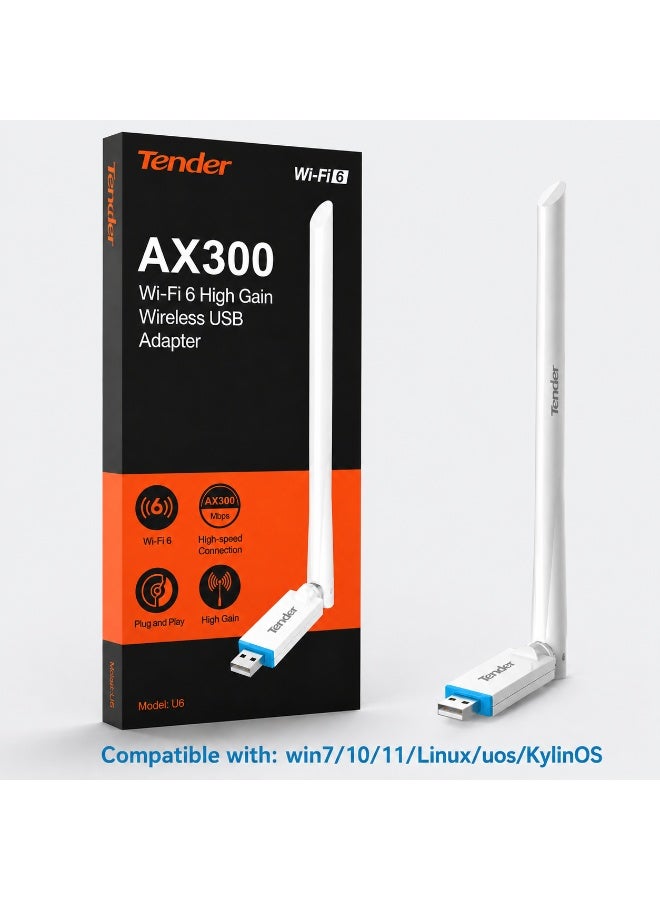 تندر محول واي فاي تندر AX300 Wi-Fi 6 USB موديل U2 | سرعة تصل إلى 286Mbps | هوائي عالي الكسب 6dBi | تثبيت بدون تعريف | USB 2.0 | متوافق مع Windows وLinux وUOS - Image 1