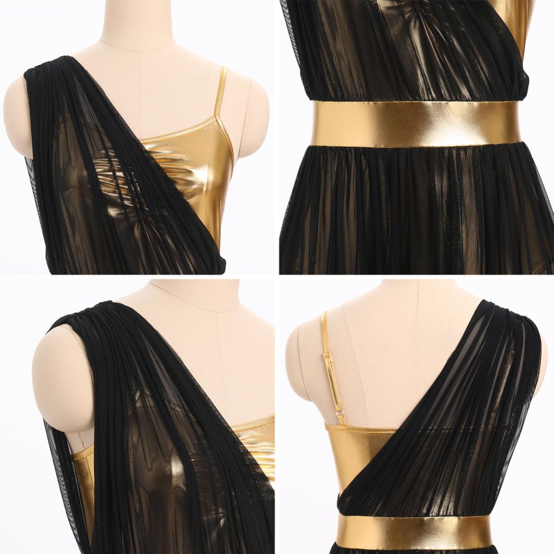 AFAVOM Women's Lyrical Dance Costume Sleeveless V-Neck Shiny Metallic Lyrical Dance Dress Asymmetric High Low Flowy Mesh Tulle Skirt Contemporary Dance Costumes Ballet Leotard Dancewear Black XS - Image 5