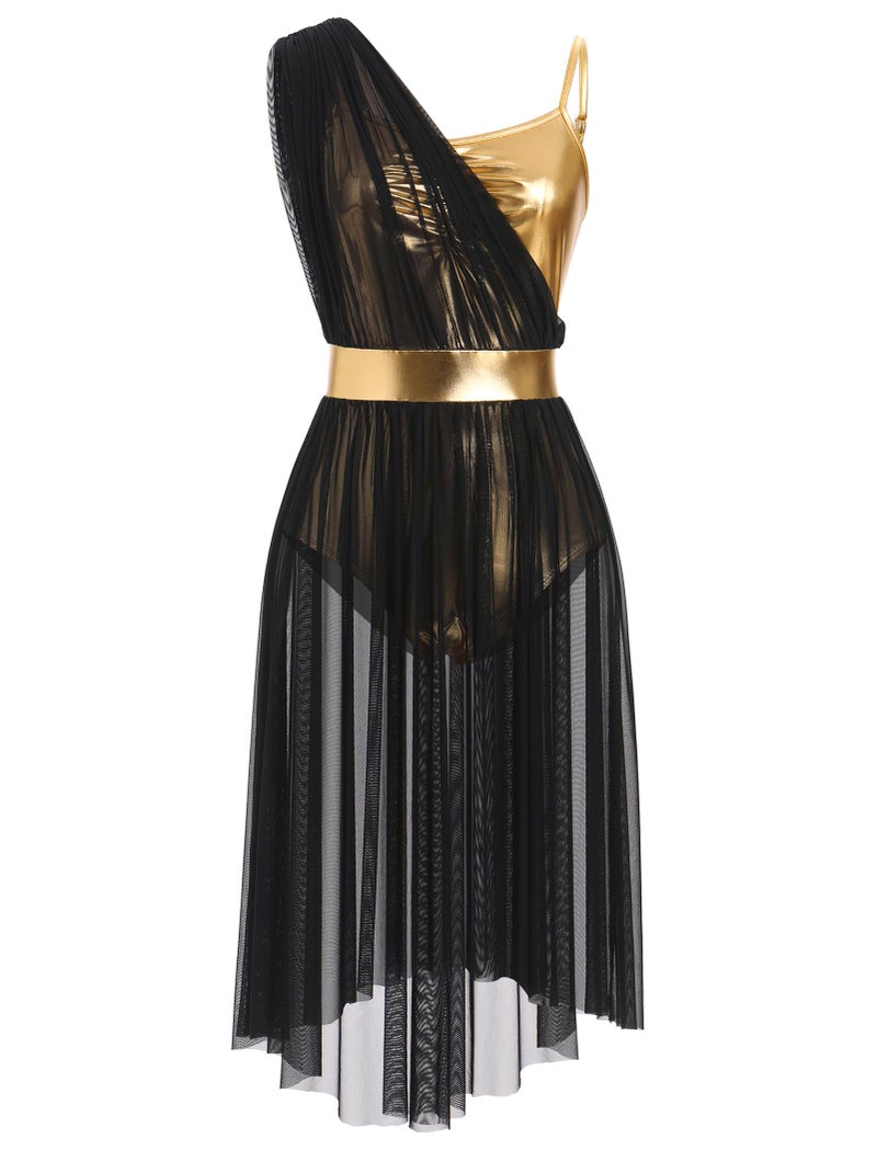 AFAVOM Women's Lyrical Dance Costume Sleeveless V-Neck Shiny Metallic Lyrical Dance Dress Asymmetric High Low Flowy Mesh Tulle Skirt Contemporary Dance Costumes Ballet Leotard Dancewear Black XS - Image 1