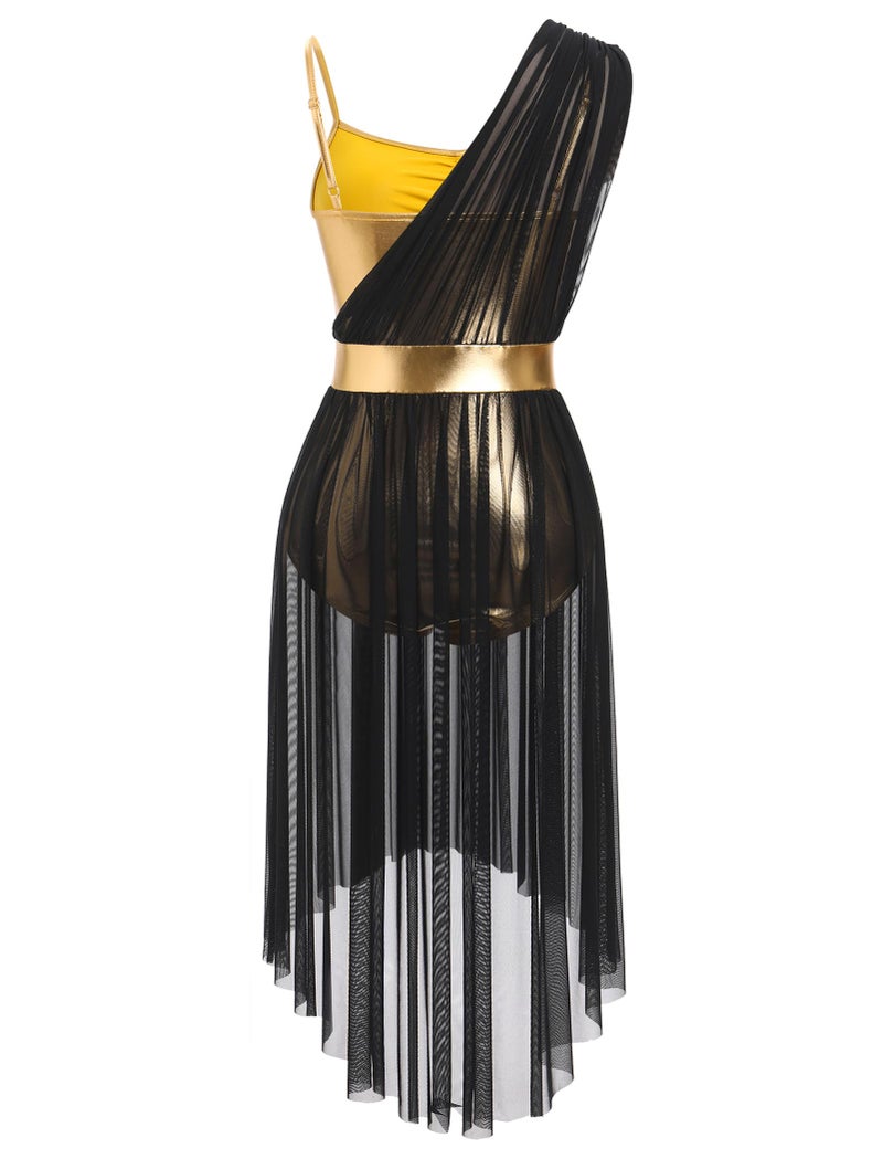 AFAVOM Women's Lyrical Dance Costume Sleeveless V-Neck Shiny Metallic Lyrical Dance Dress Asymmetric High Low Flowy Mesh Tulle Skirt Contemporary Dance Costumes Ballet Leotard Dancewear Black XS - Image 4
